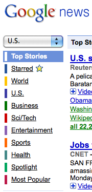 This image show the various categories under which news is categorized in Google News.